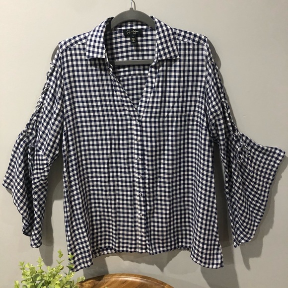 Jessica Simpson Michi Gingham Tie Bell Sleeve Sz L dk blue&white - Picture 2 of 6